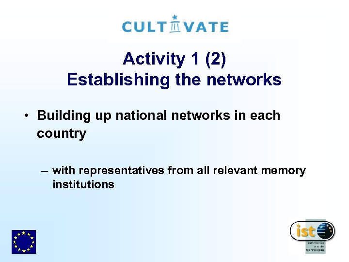 Activity 1 (2) Establishing the networks • Building up national networks in each country