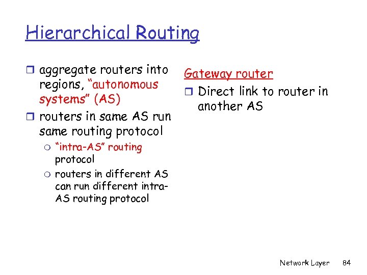 Hierarchical Routing r aggregate routers into regions, “autonomous systems” (AS) r routers in same