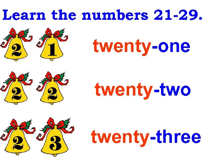 Learn the numbers 21 -29. twenty-one twenty-two twenty-three 
