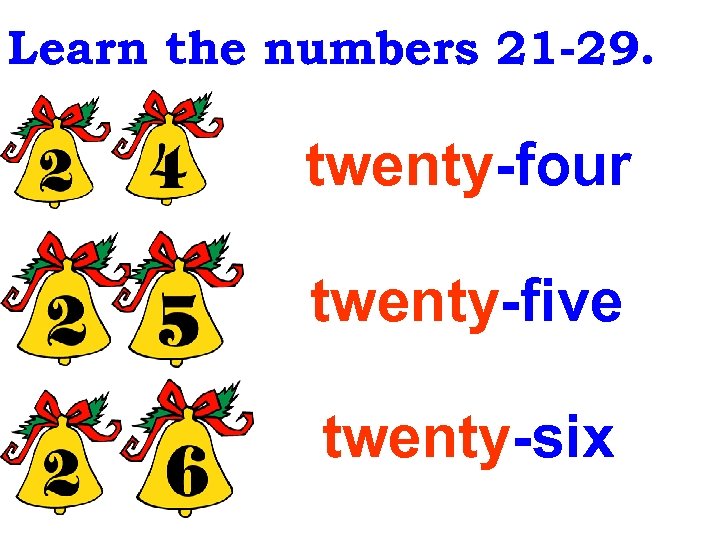 Learn the numbers 21 -29. twenty-four twenty-five twenty-six 