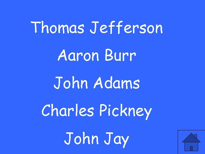 Thomas Jefferson Aaron Burr John Adams Charles Pickney John Jay 