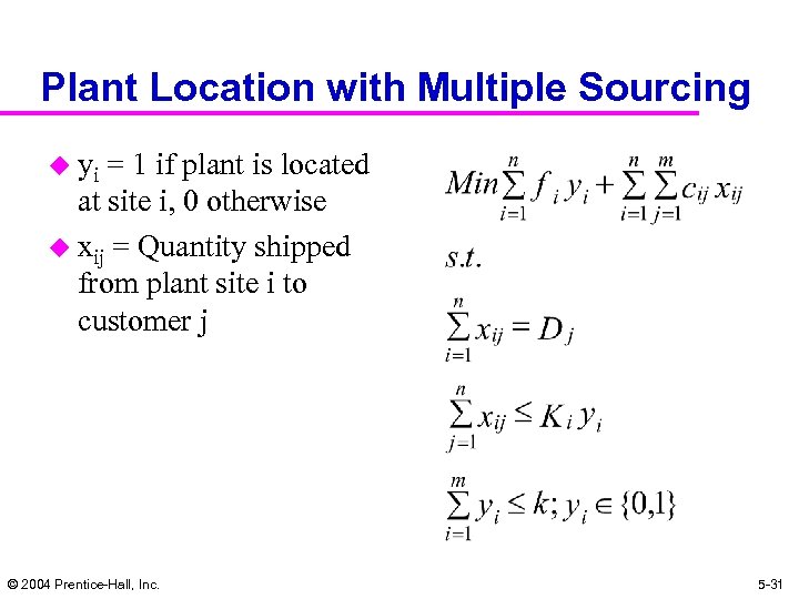 Plant Location with Multiple Sourcing u yi = 1 if plant is located at