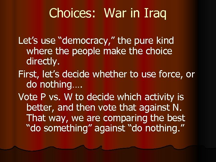 Choices: War in Iraq Let’s use “democracy, ” the pure kind where the people