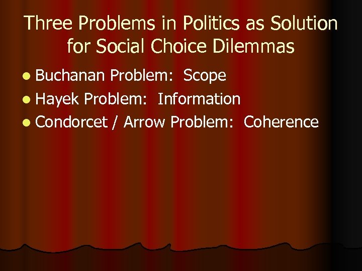 Three Problems in Politics as Solution for Social Choice Dilemmas l Buchanan Problem: Scope