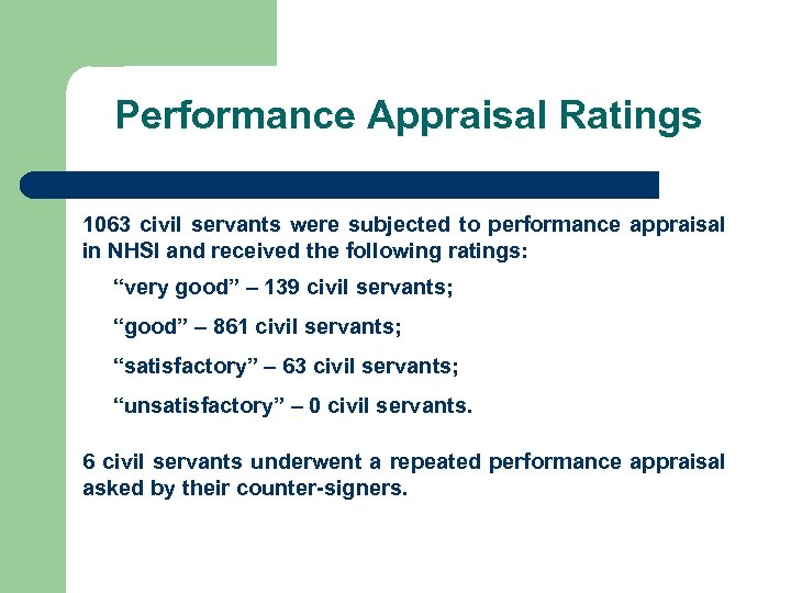 Performance Appraisal Ratings 1063 civil servants were subjected to performance appraisal in NHSI and