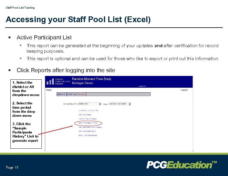 Staff Pool List Training Accessing your Staff Pool List (Excel) § Active Participant List