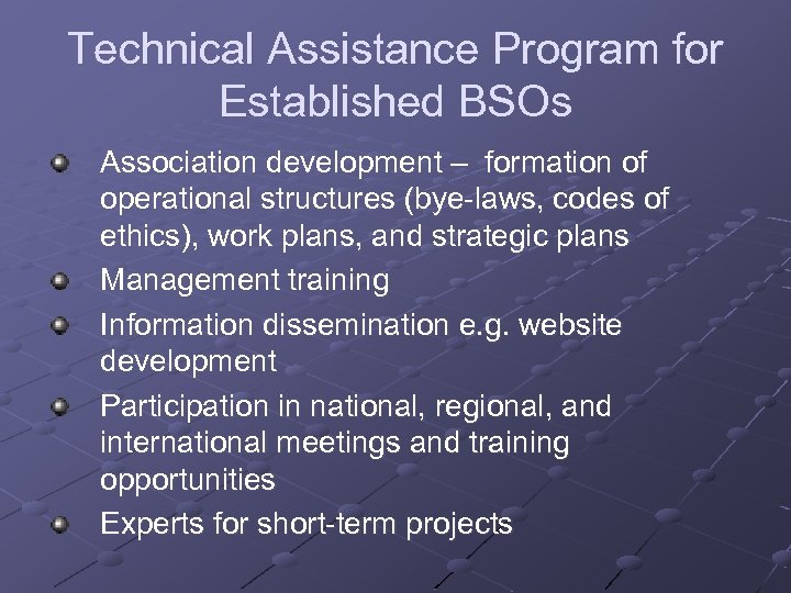 Technical Assistance Program for Established BSOs Association development – formation of operational structures (bye-laws,