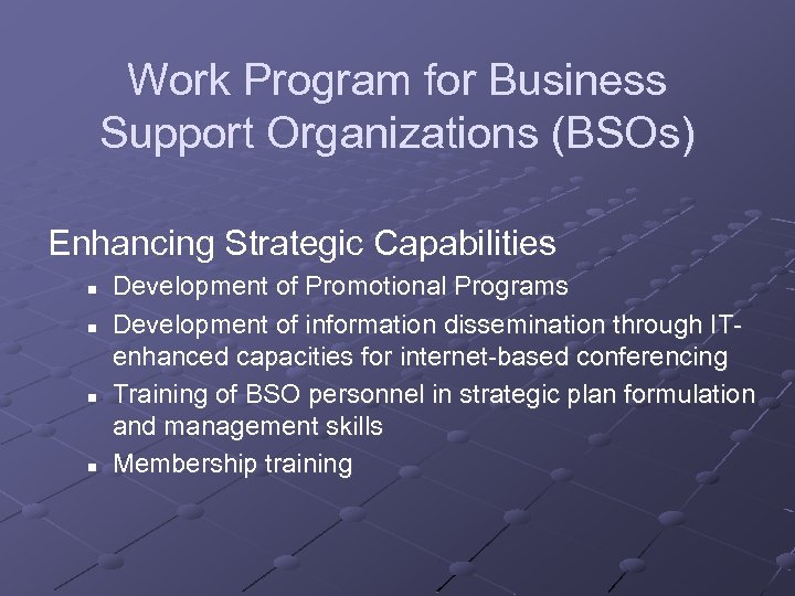Work Program for Business Support Organizations (BSOs) Enhancing Strategic Capabilities n n Development of