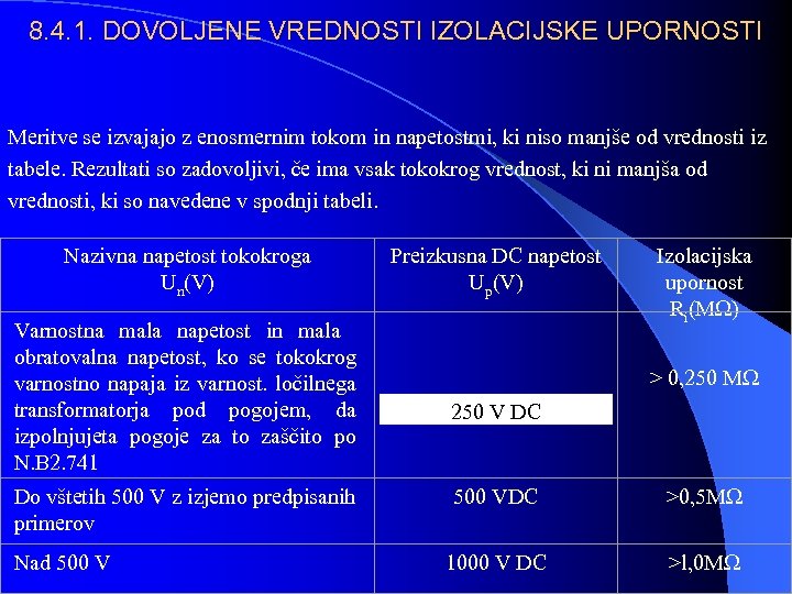 8. 4. 1. DOVOLJENE VREDNOSTI IZOLACIJSKE UPORNOSTI Meritve se izvajajo z enosmernim tokom in
