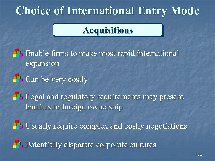 Choice of International Entry Mode Acquisitions Enable firms to make most rapid international expansion