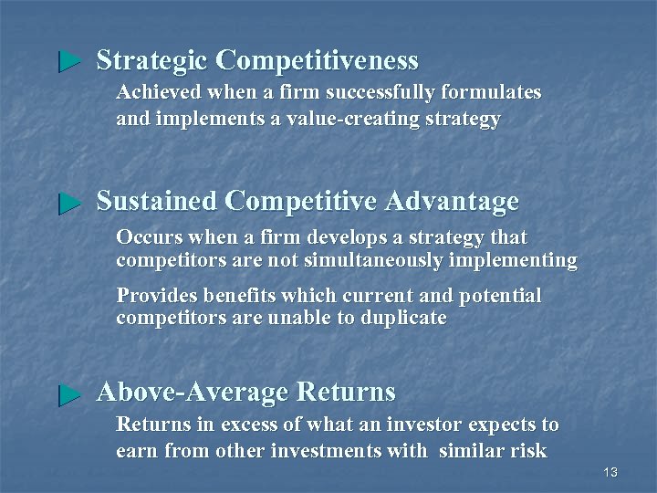 Strategic Competitiveness Achieved when a firm successfully formulates and implements a value-creating strategy Sustained