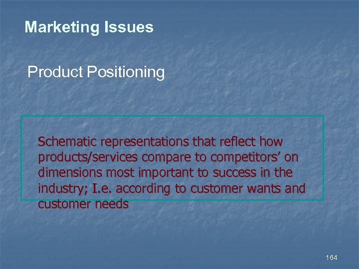 Marketing Issues Product Positioning Schematic representations that reflect how products/services compare to competitors’ on