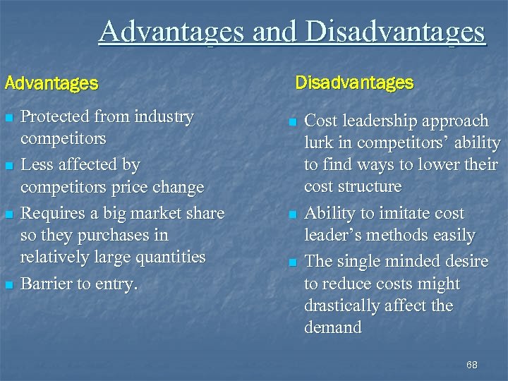 Advantages and Disadvantages Advantages n n Protected from industry competitors Less affected by competitors