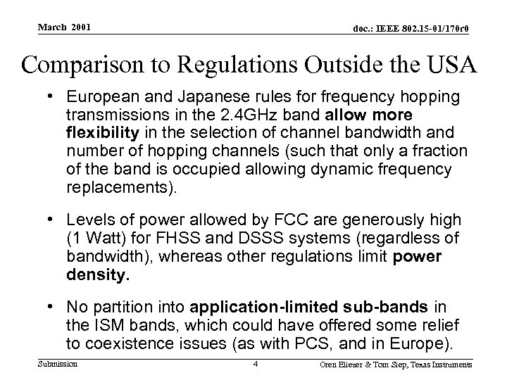 March 2001 doc. : IEEE 802. 15 -01/170 r 0 Comparison to Regulations Outside