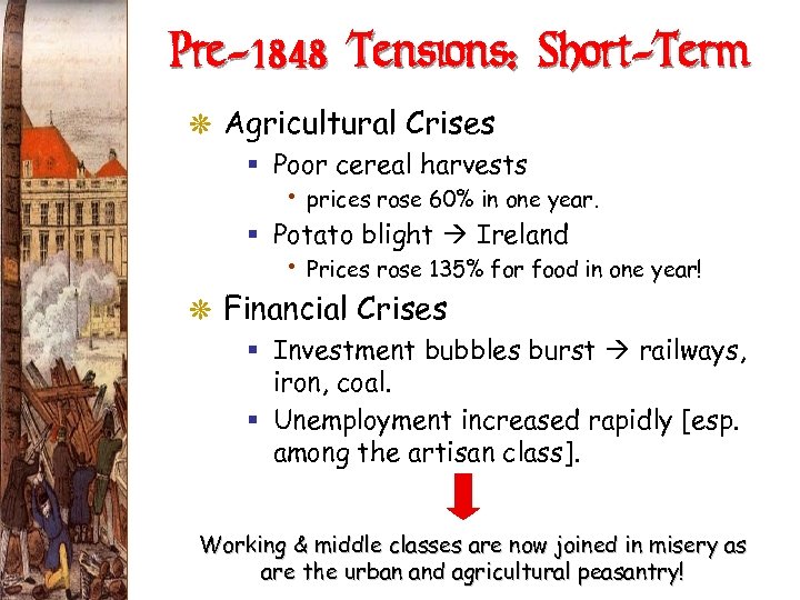 Pre-1848 Tensions: Short-Term G Agricultural Crises § Poor cereal harvests • prices rose 60%