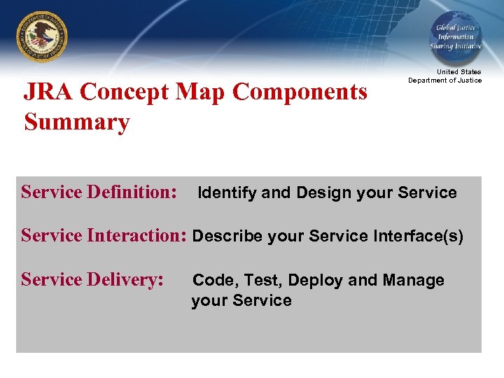 JRA Concept Map Components Summary Service Definition: United States Department of Justice Identify and