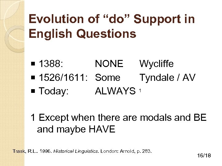 Evolution of “do” Support in English Questions 1388: NONE Wycliffe 1526/1611: Some Tyndale /