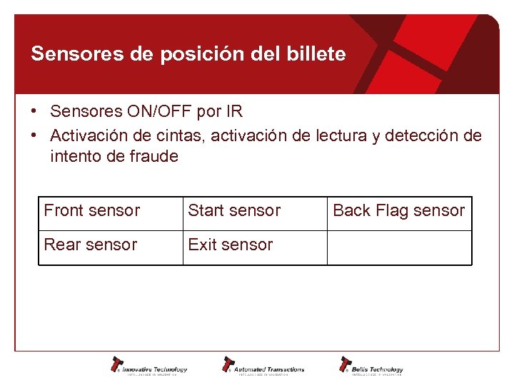 Sensores de posición del billete • Sensores ON/OFF por IR • Activación de cintas,