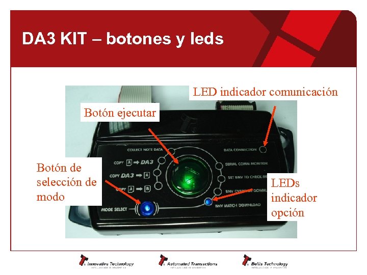 DA 3 KIT – botones y leds LED indicador comunicación Botón ejecutar Botón de