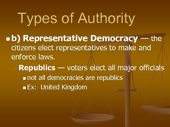 Types of Authority n b) Representative Democracy — the citizens elect representatives to make