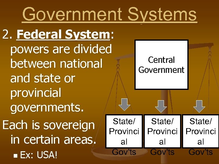 Government Systems 2. Federal System: powers are divided Central between national Government and state