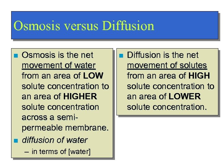Osmosis versus Diffusion n n Osmosis is the net movement of water from an
