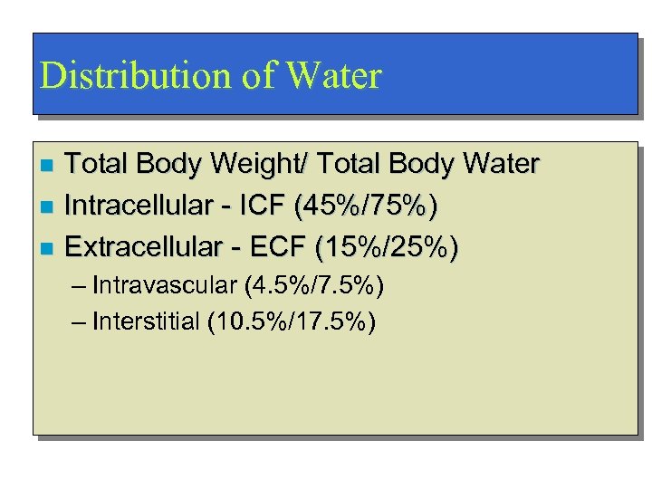 Distribution of Water Total Body Weight/ Total Body Water n Intracellular - ICF (45%/75%)