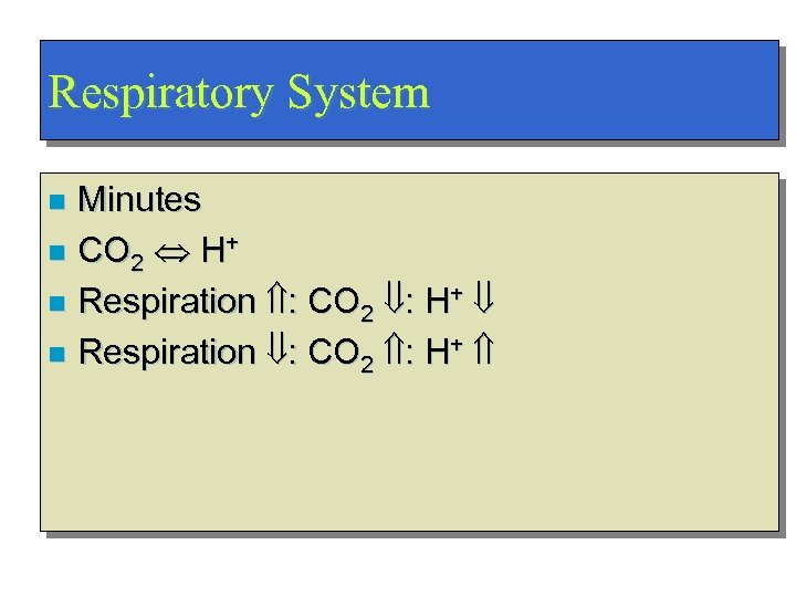 Respiratory System Minutes n CO 2 H+ n Respiration : CO 2 : H+
