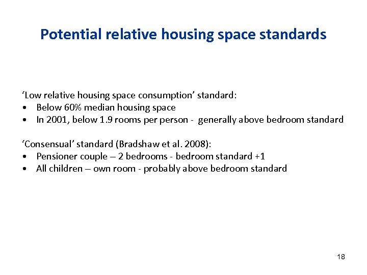 Potential relative housing space standards ‘Low relative housing space consumption’ standard: • Below 60%