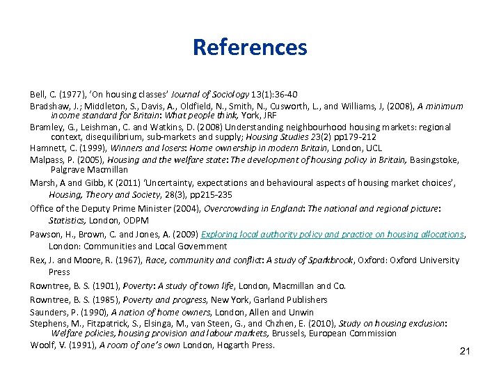References Bell, C. (1977), ‘On housing classes’ Journal of Sociology 13(1): 36 -40 Bradshaw,