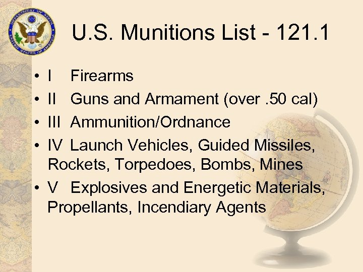 U. S. Munitions List - 121. 1 • • I Firearms II Guns and