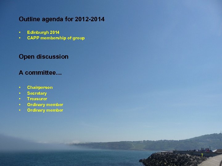 Outline agenda for 2012 -2014 • • Edinburgh 2014 CAPP membership of group Open