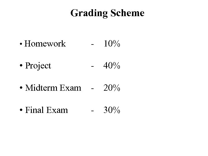Grading Scheme • Homework - 10% • Project - 40% • Midterm Exam -