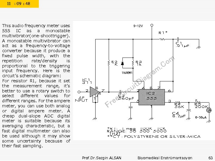 This audio frequency meter uses 555 IC as a monostable multivibrator one-shoot rigger). (