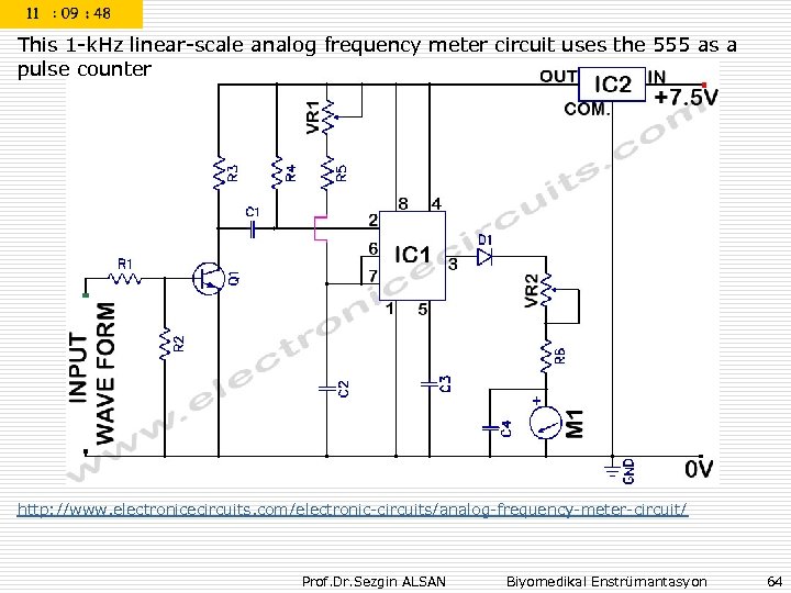 This 1 -k. Hz linear-scale analog frequency meter circuit uses the 555 as a