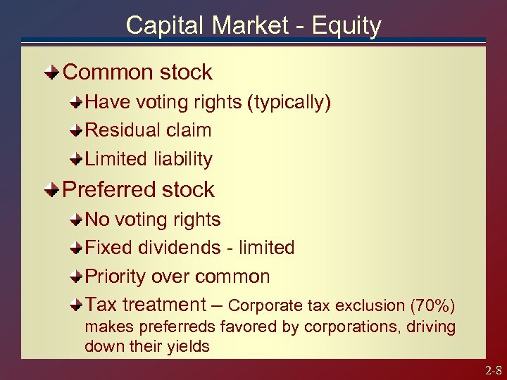 Capital Market - Equity Common stock Have voting rights (typically) Residual claim Limited liability