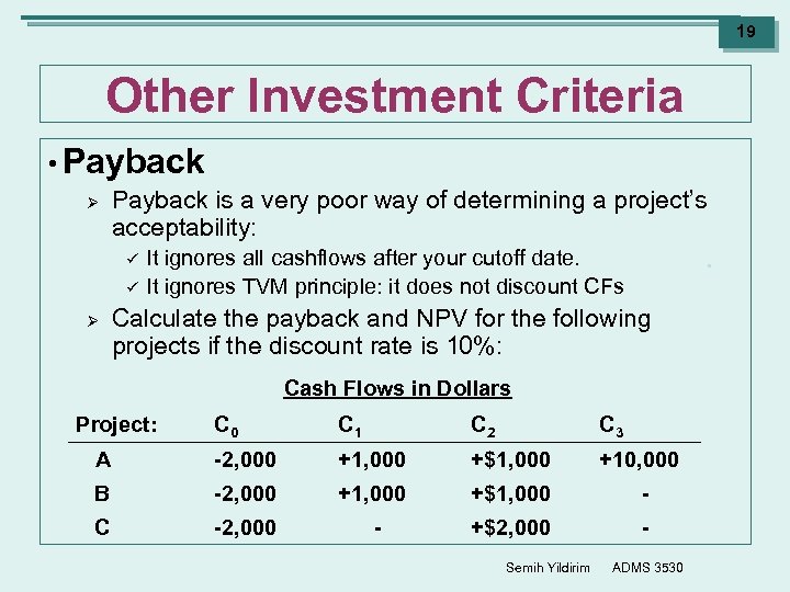 19 Other Investment Criteria • Payback Ø Payback is a very poor way of