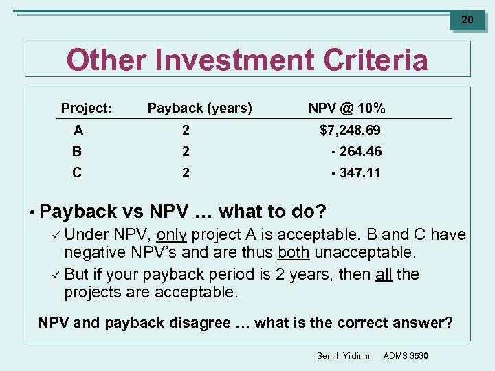 20 Other Investment Criteria Project: Payback (years) NPV @ 10% A 2 $7, 248.