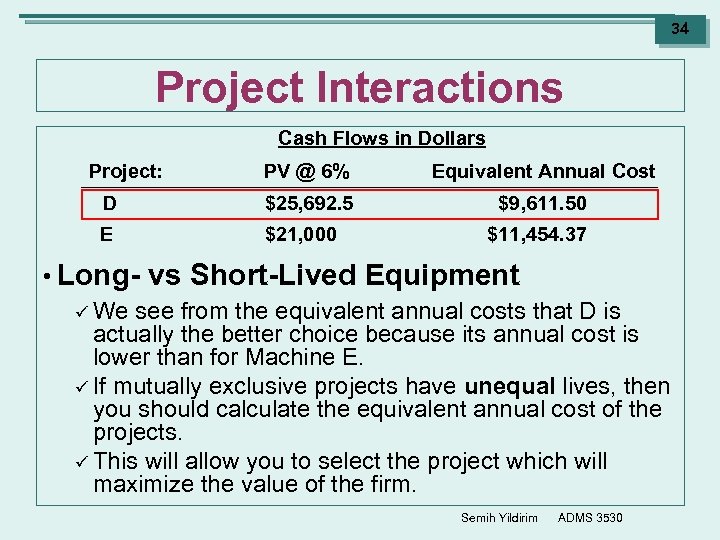 34 Project Interactions Cash Flows in Dollars Project: PV @ 6% Equivalent Annual Cost