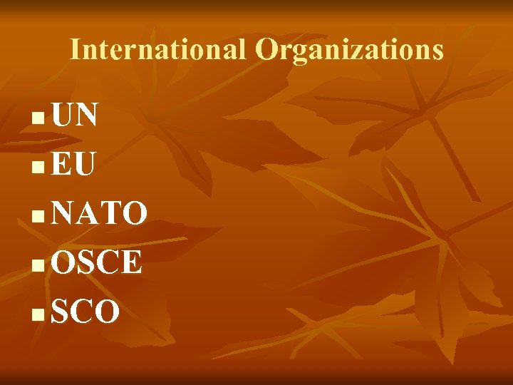 International Organizations UN n EU n NATO n OSCE n SCO n 