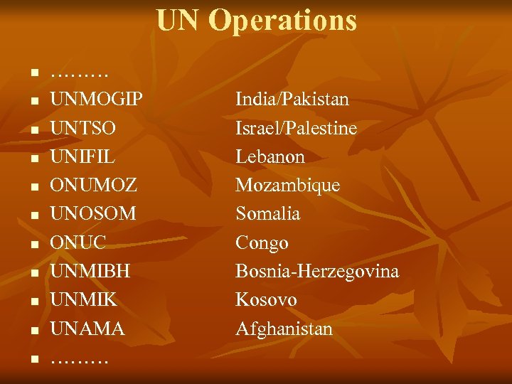 UN Operations n n n ……… UNMOGIP UNTSO UNIFIL ONUMOZ UNOSOM ONUC UNMIBH UNMIK