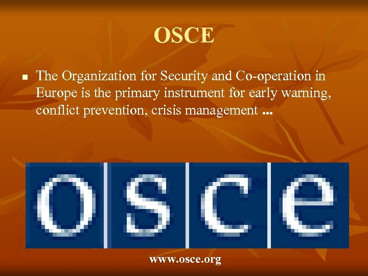 OSCE n The Organization for Security and Co-operation in Europe is the primary instrument
