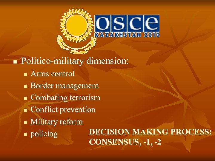 n Politico-military dimension: n n n Arms control Border management Combating terrorism Conflict prevention