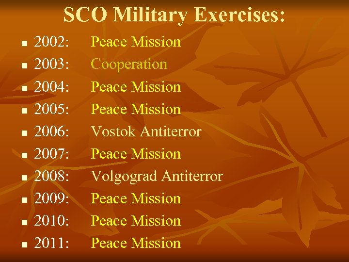 SCO Military Exercises: n n n n n 2002: 2003: 2004: 2005: 2006: 2007:
