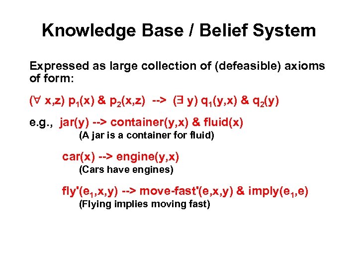 Knowledge Base / Belief System Expressed as large collection of (defeasible) axioms of form: