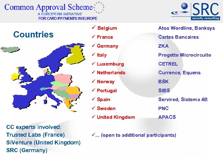 ü France Cartes Bancaires ZKA ü Italy Progetto Microcircuito ü Luxemburg CETREL ü Netherlands