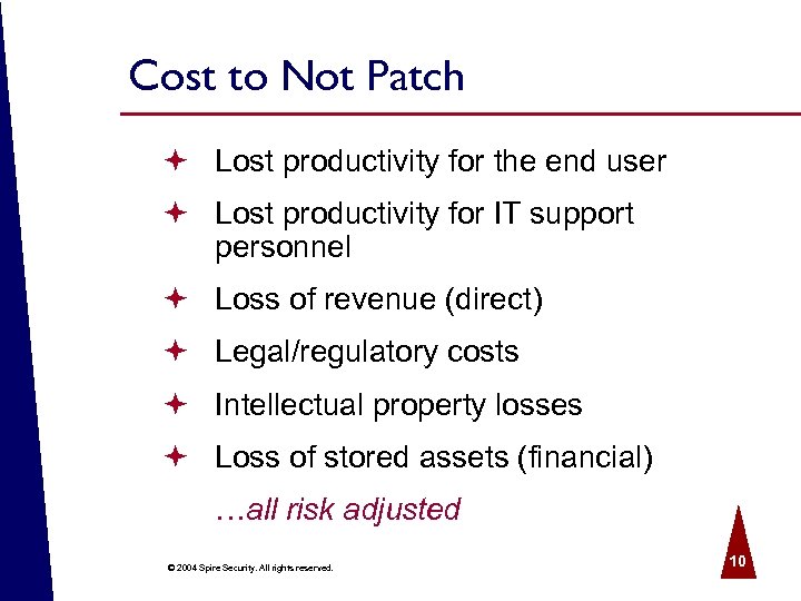 Cost to Not Patch ª Lost productivity for the end user ª Lost productivity
