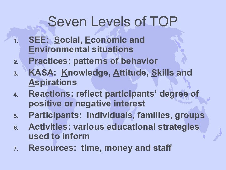 Seven Levels of TOP 1. 2. 3. 4. 5. 6. 7. SEE: Social, Economic