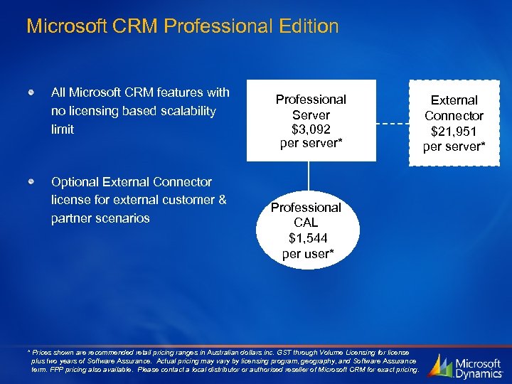 Microsoft CRM Professional Edition All Microsoft CRM features with no licensing based scalability limit