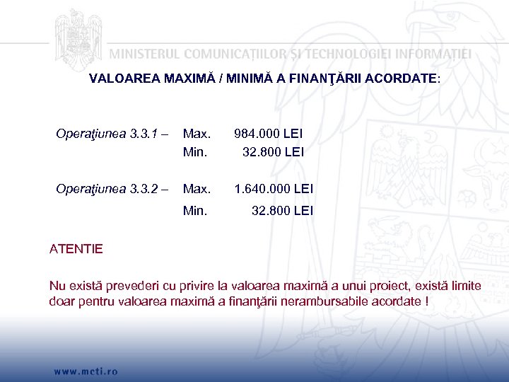 VALOAREA MAXIMĂ / MINIMĂ A FINANŢĂRII ACORDATE: Operaţiunea 3. 3. 1 – Max. 984.